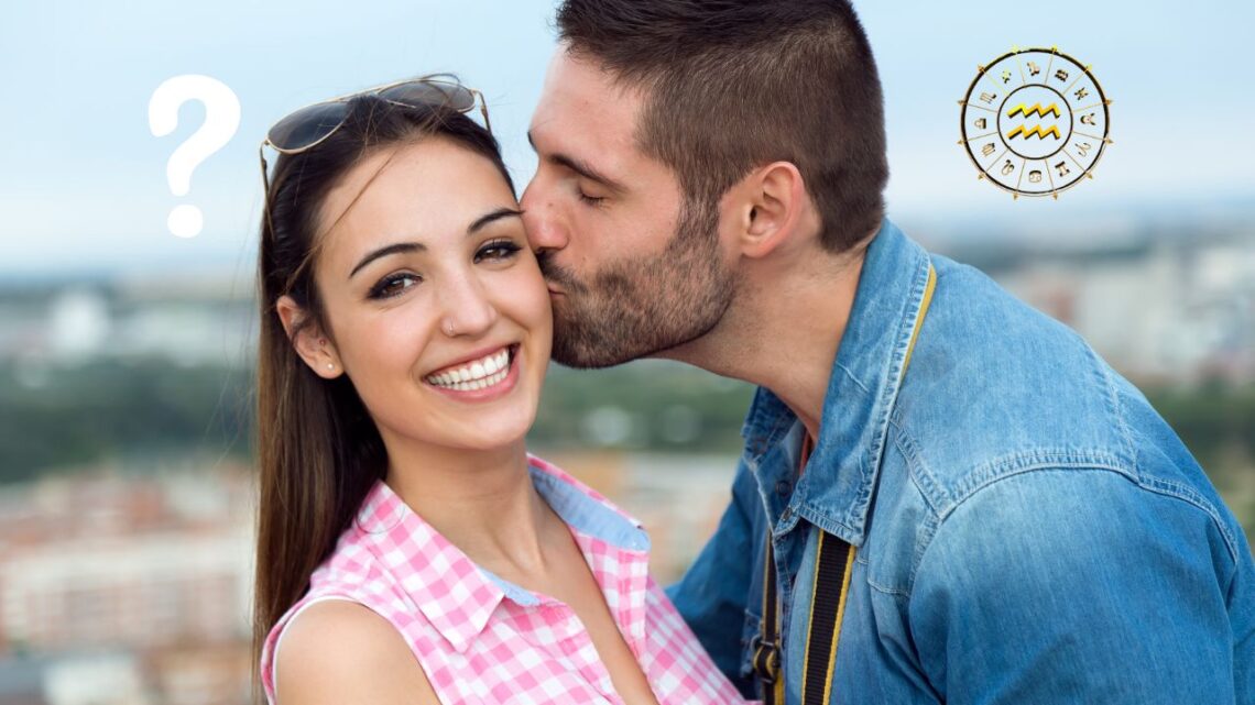 Un homme Verseau embrassant affectueusement une femme souriante, illustrant leur compatibilité potentielle.