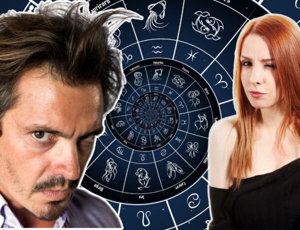 Homme et femme sur fond de zodiaque, avec des expressions qui pourraient représenter les stéréotypes des traits de caractère astrologiques.
