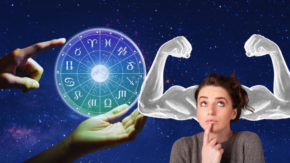 Montage d'une femme songeuse avec des bras musclés dessinés et une roue astrologique, le tout représentant la force mentale associée aux signes du zodiaque.