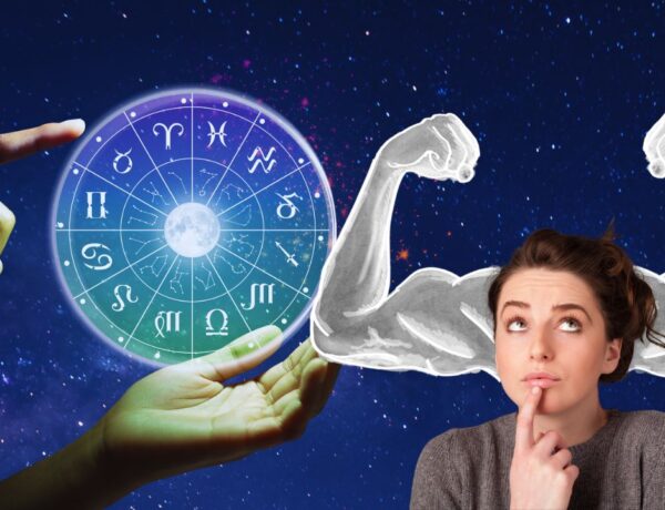 Montage d'une femme songeuse avec des bras musclés dessinés et une roue astrologique, le tout représentant la force mentale associée aux signes du zodiaque.
